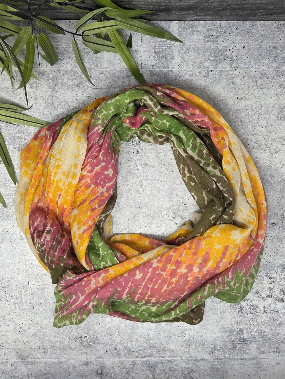 Colorful Pink Mustard Yellow Green Brown Long Boho Scarf Fringe Edge